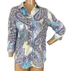 Chico’s No-Iron Cotton Button Down Shirt Paisley Print Sz 2 (L/12) #314C